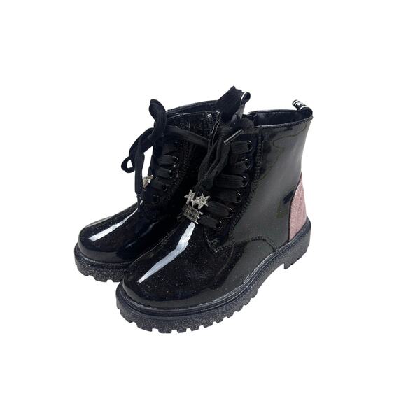 Girls Bebe Combat Boots Size 13 Black Patent Glitter Pink Heel Lace Up - Picture 1 of 7